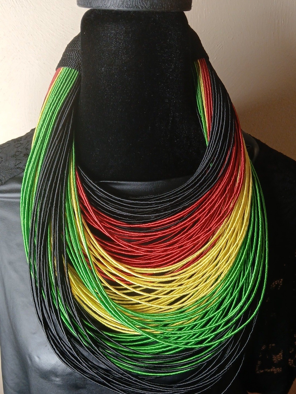 Multi-Strand Rasta Color Statement Necklace - Black, Red, Yellow, Green